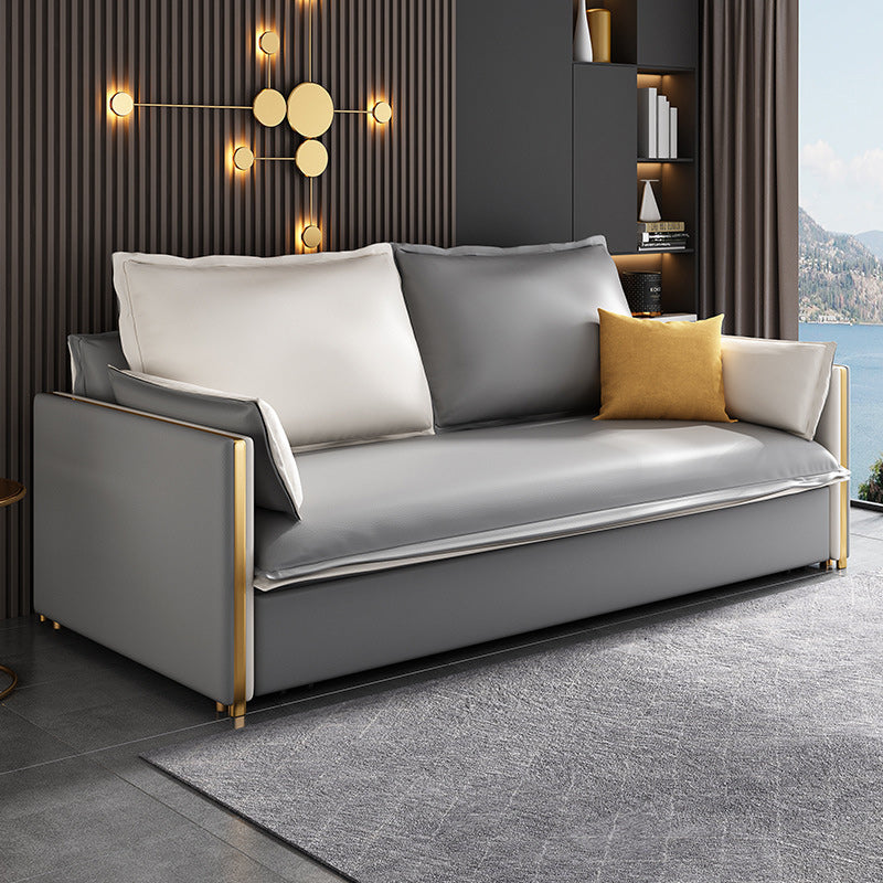 Modern Square Arm Sofa Bed Gray Faux Leather Sofa with Storage