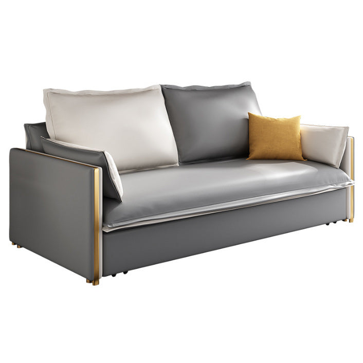Modern Square Arm Sofa Bed Gray Faux Leather Sofa with Storage