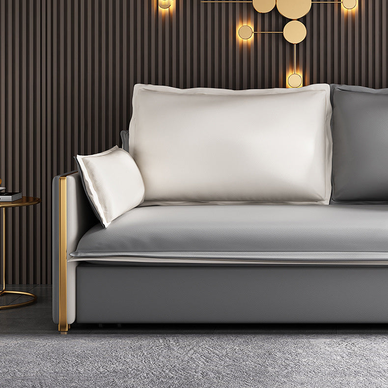 Modern Square Arm Sofa Bed Gray Faux Leather Sofa with Storage