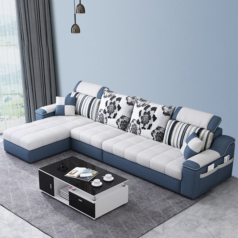 Pillow Top Linen Sofa & Chaise 31.5" H Loose Back Sofa in Grey and Blue
