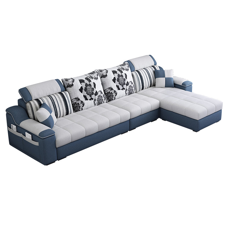 Pillow Top Linen Sofa & Chaise 31.5" H Loose Back Sofa in Grey and Blue