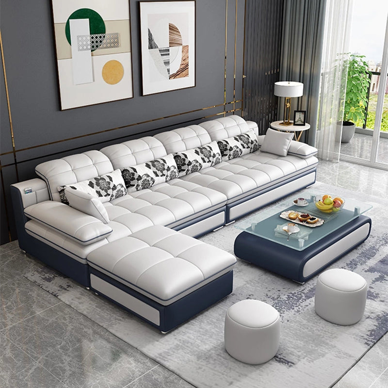 Contemporary Faux Leather Sofa & Chaise Biscuit Back Pillow Top Sofa