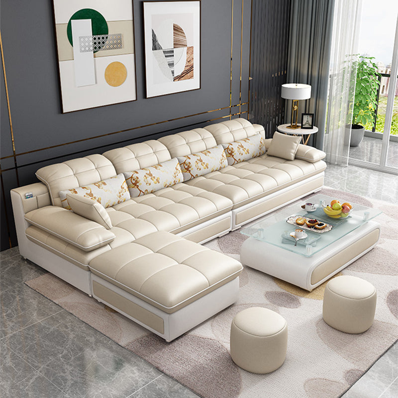 Contemporary Faux Leather Sofa & Chaise Biscuit Back Pillow Top Sofa