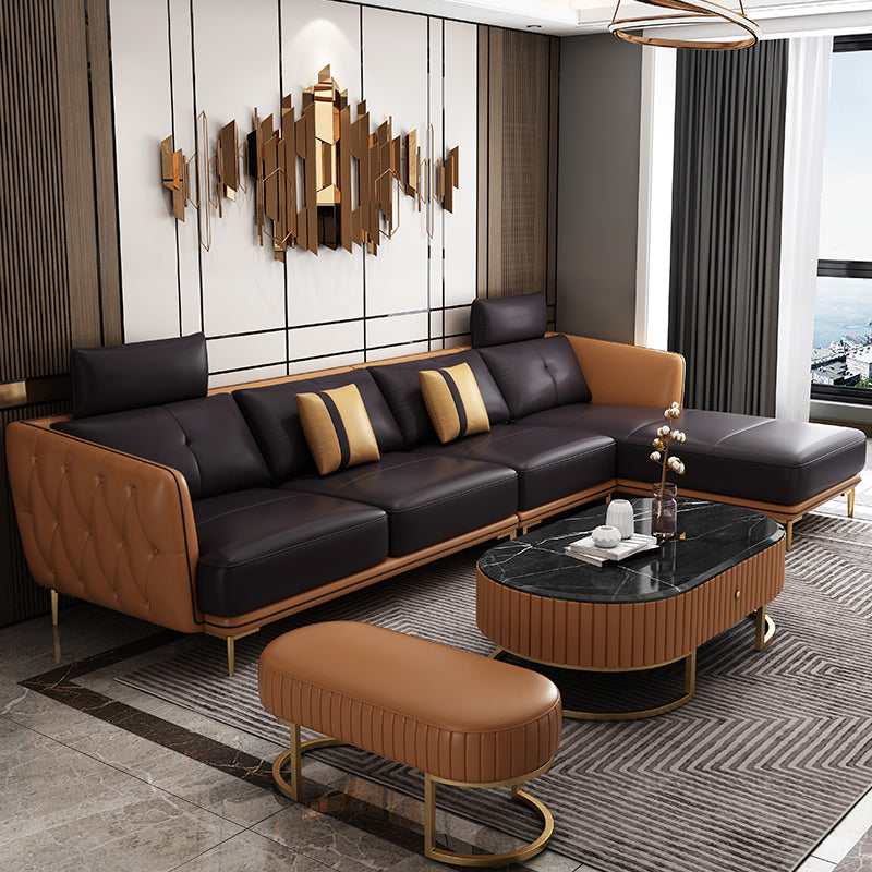 Contemporary Square Arm Genuine Leather Stain-Resistant Sofa & Chaise