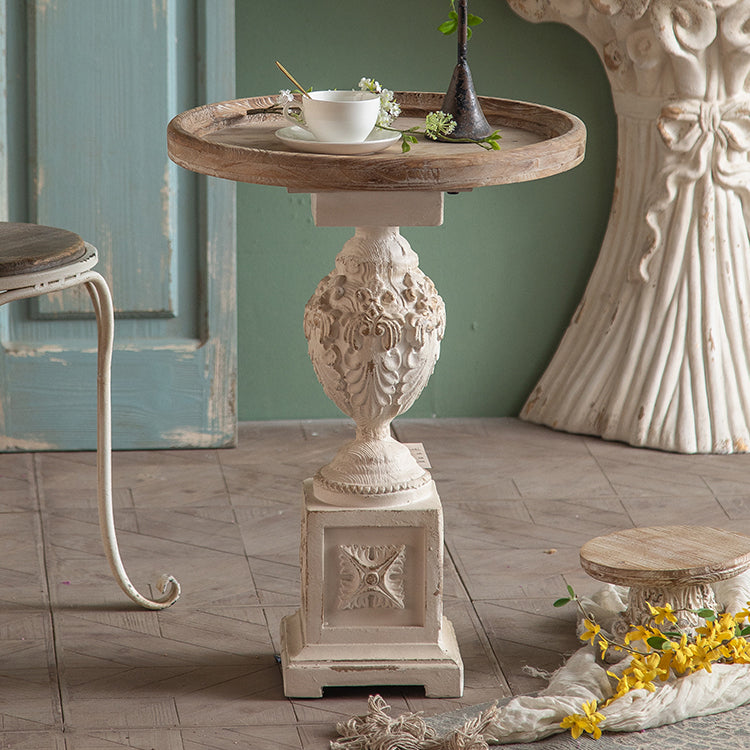 Rustic Style Side End Table Pedestal Distressed Round Sofa Side Accent Table