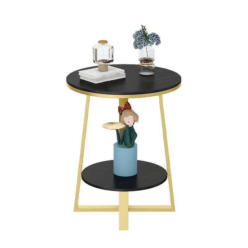 Round Slate Top Side Table 23.6" Tall Iron Cross Legs End Table with Shelf