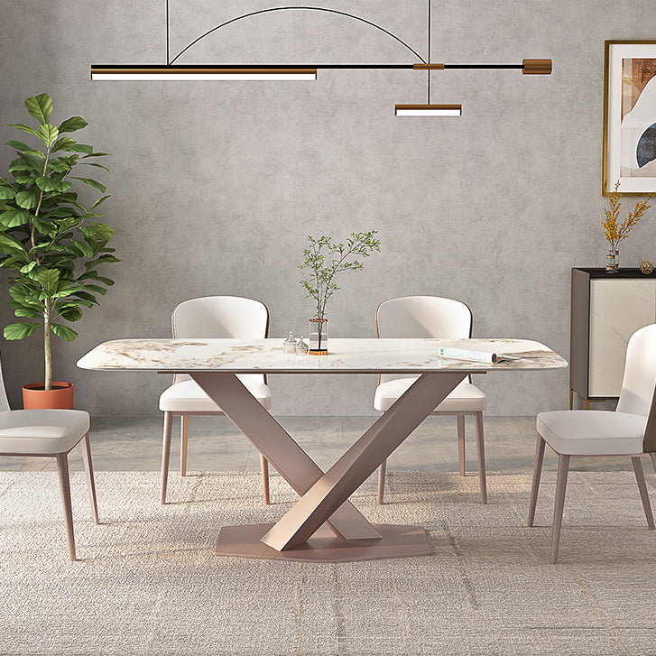 Modern Rectangle Dining Table Sintered Stone Table with Pedestal Base