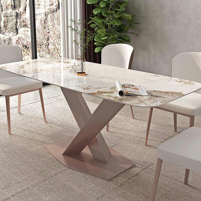 Modern Rectangle Dining Table Sintered Stone Table with Pedestal Base
