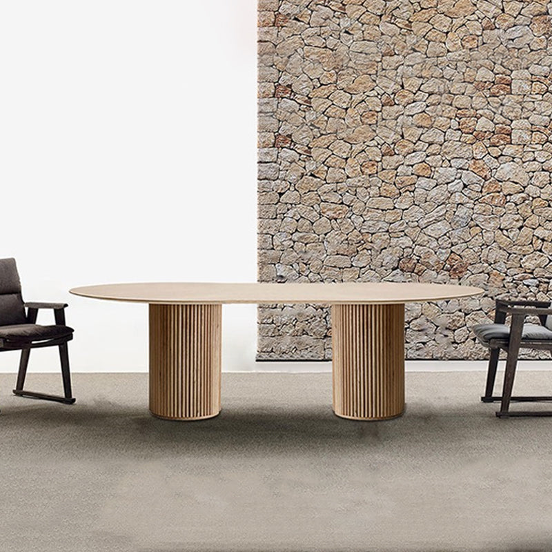 Natural Double Pedestal Dining Table Modern Oval Wood Home Dinner Room Kitchen Table