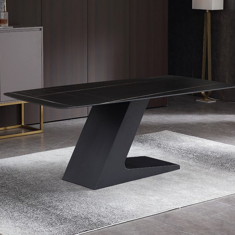 Black Stone Top Dining Table Modern Metal Pedestal Casual Dining Table