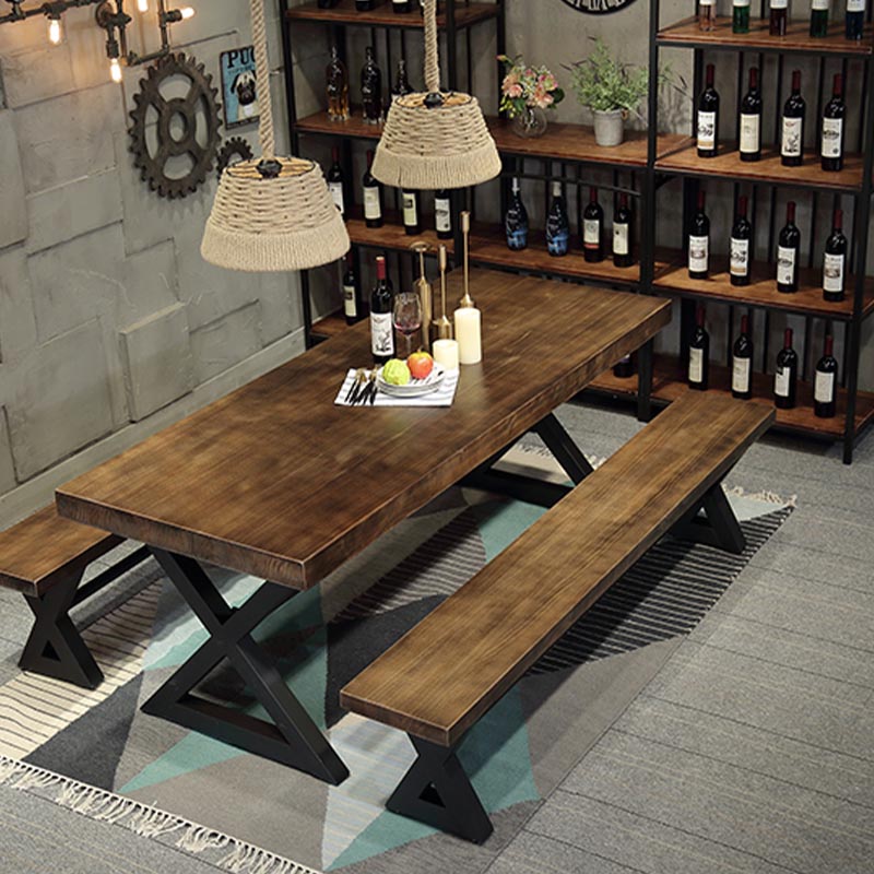Industrial Coffee Shop Dining Table Rectangle Wood and Metal Base Dining Table
