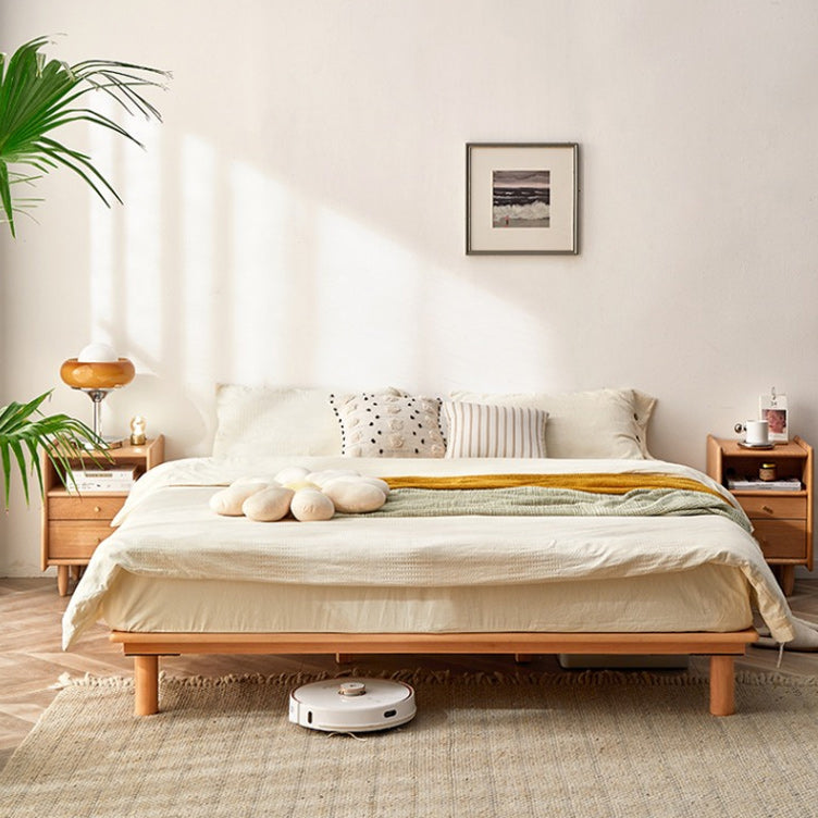 Solid Wood Platform Bed Scandinavian Low Profile Bed Frame in Brown