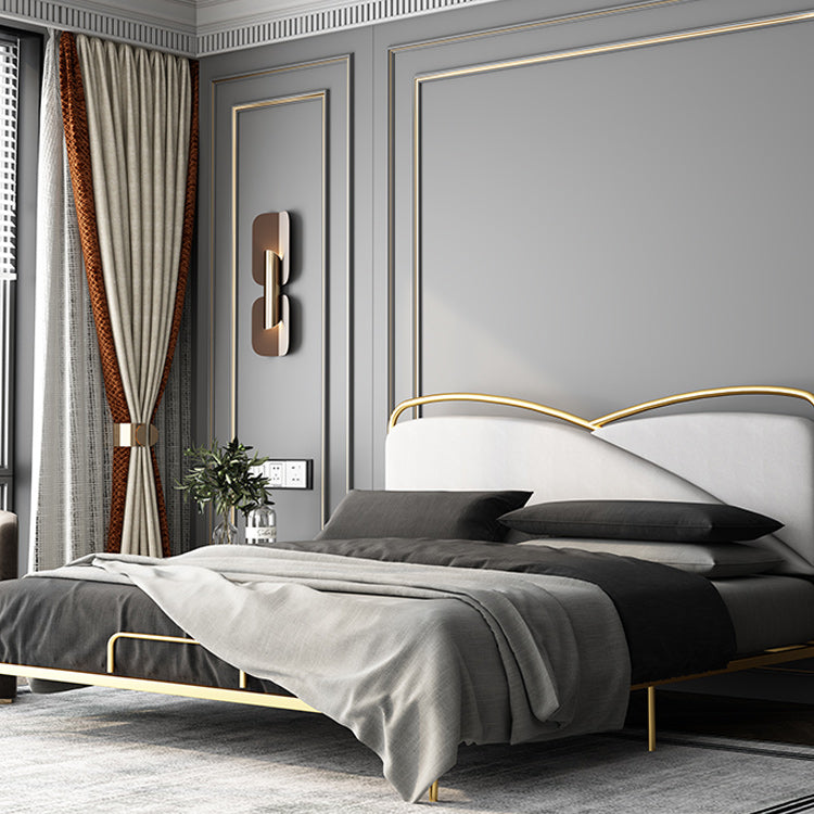 Luxurious Standard Bed in Gold Upholstered Low Profile Metal Bed