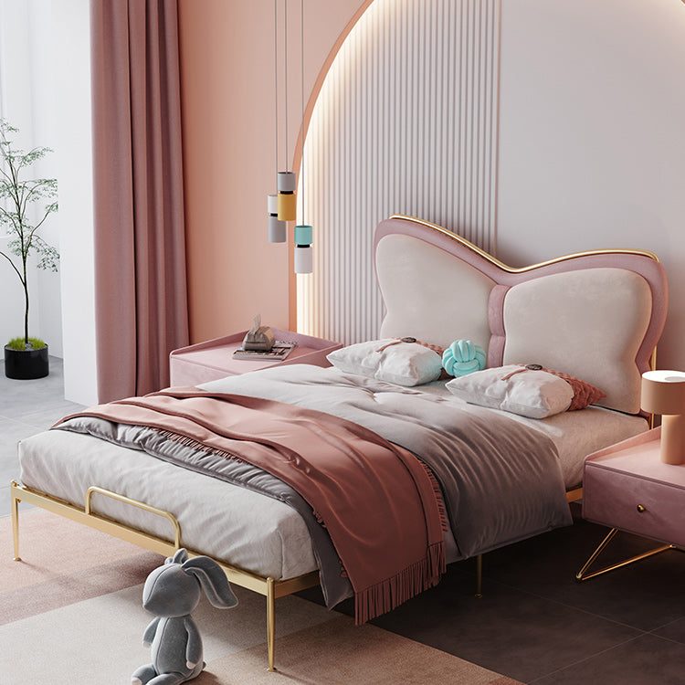 Low Profile Standard Bed Gold Metal Bed Frame with Upholstered Headboard