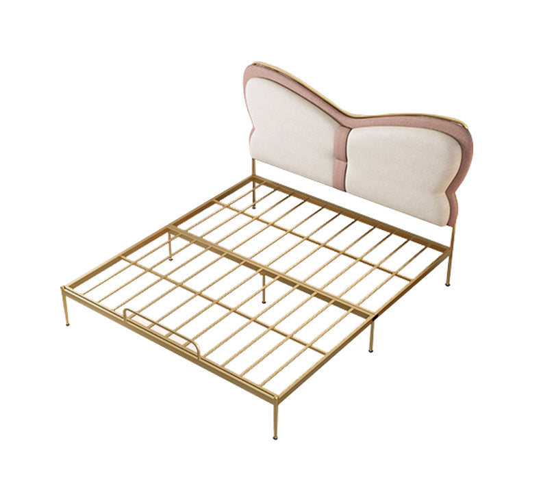 Low Profile Standard Bed Gold Metal Bed Frame with Upholstered Headboard