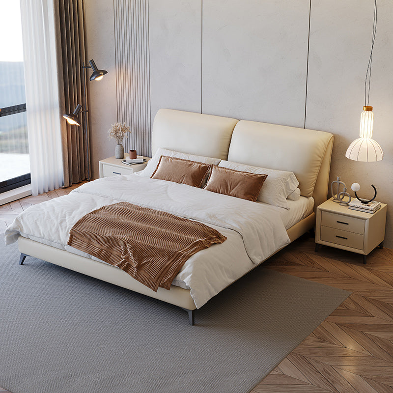 Contemporary Genuine Leather Bed Frame Beige Standard Bed with Metal Legs