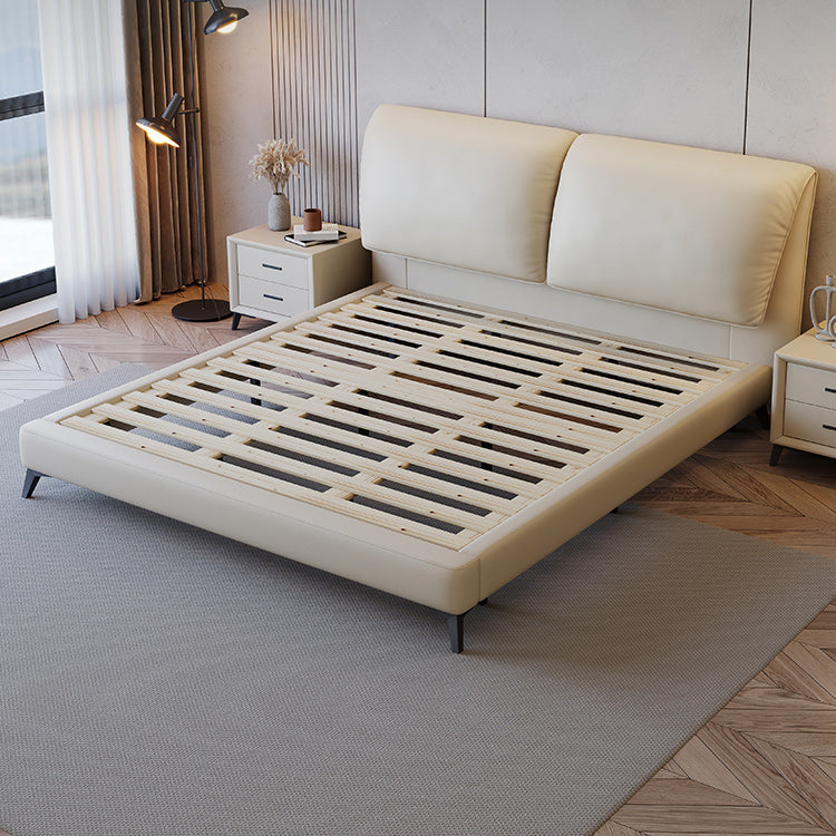 Contemporary Genuine Leather Bed Frame Beige Standard Bed with Metal Legs