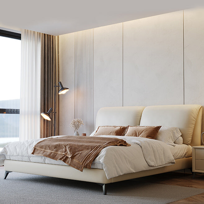 Contemporary Genuine Leather Bed Frame Beige Standard Bed with Metal Legs