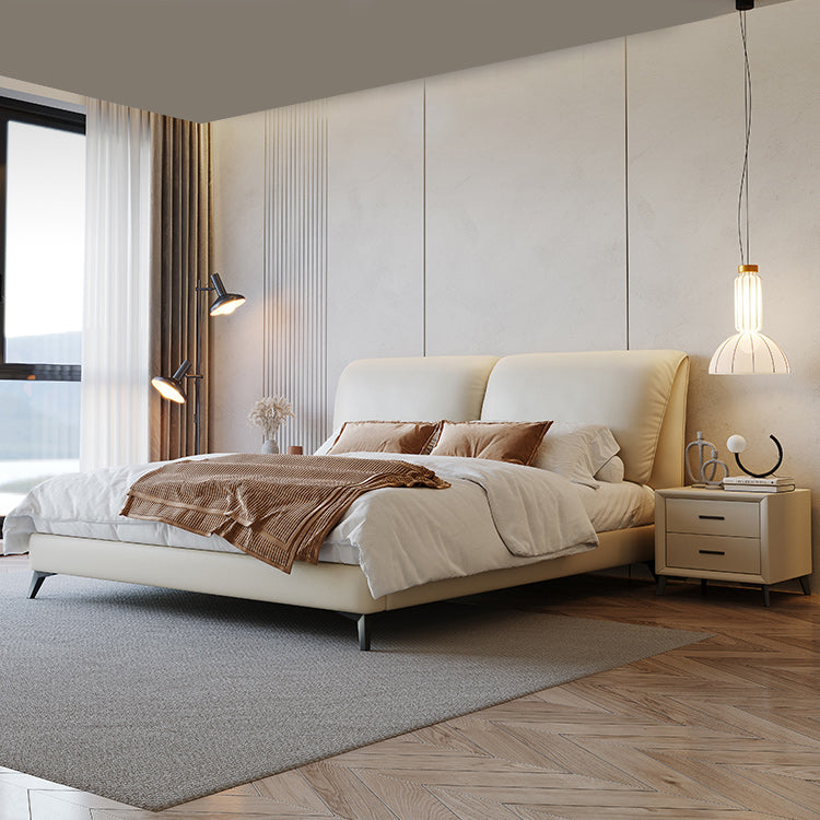 Contemporary Genuine Leather Bed Frame Beige Standard Bed with Metal Legs
