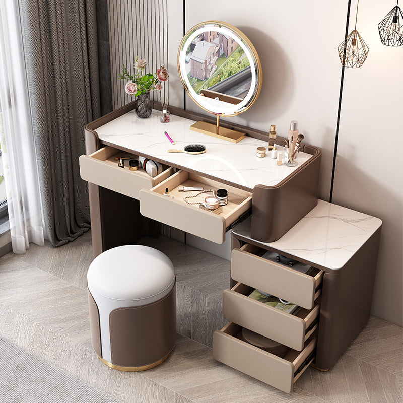 29.53" H Wood/Stone Vanity Table Stool Set 2/5 Drawers Dresser in Brown