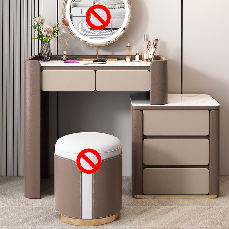 29.53" H Wood/Stone Vanity Table Stool Set 2/5 Drawers Dresser in Brown