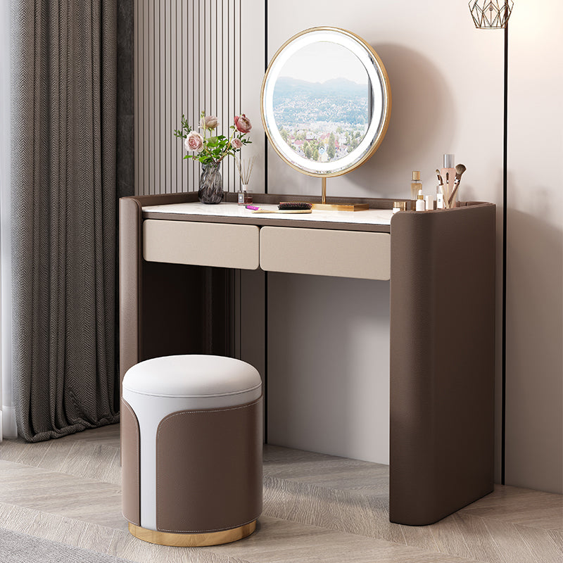 29.53" H Wood/Stone Vanity Table Stool Set 2/5 Drawers Dresser in Brown