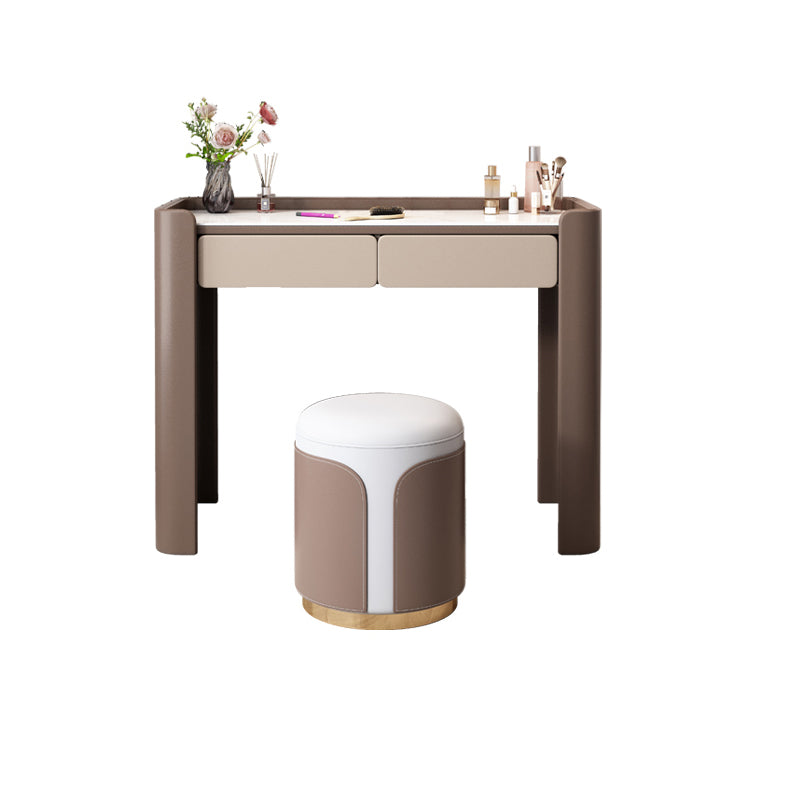 29.53" H Wood/Stone Vanity Table Stool Set 2/5 Drawers Dresser in Brown
