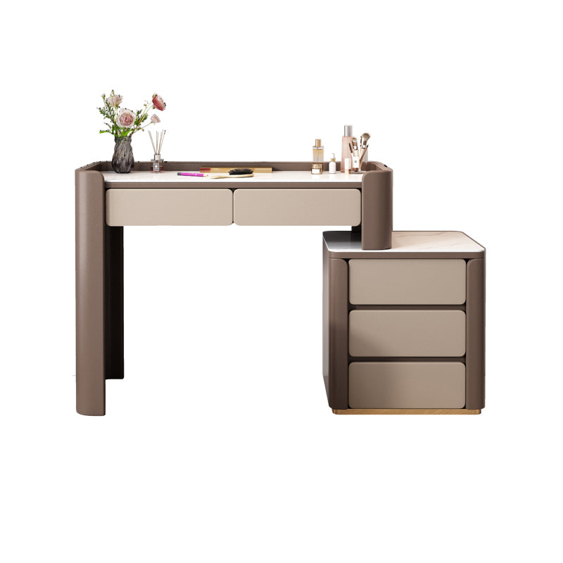 29.53" H Wood/Stone Vanity Table Stool Set 2/5 Drawers Dresser in Brown