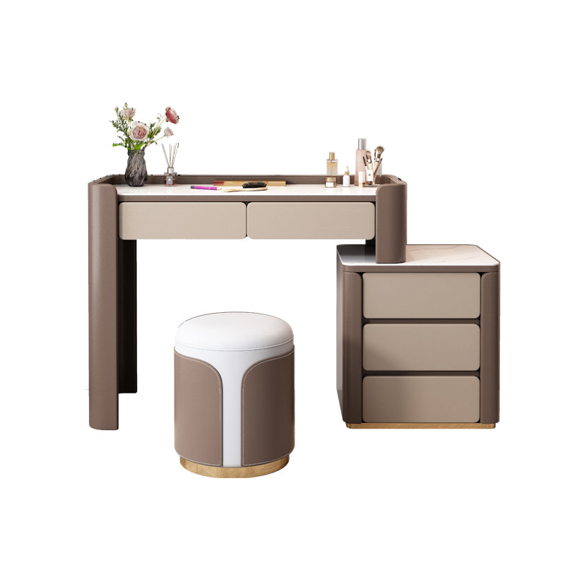 29.53" H Wood/Stone Vanity Table Stool Set 2/5 Drawers Dresser in Brown