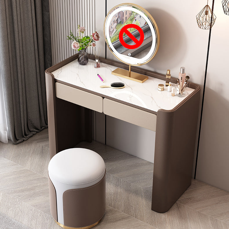 29.53" H Wood/Stone Vanity Table Stool Set 2/5 Drawers Dresser in Brown