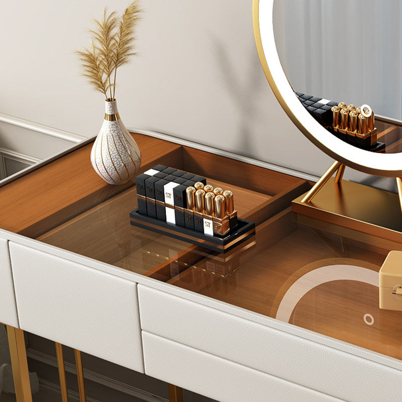Contemporary Faux Leather Vanity Tables 4 Drawer Glass Top Makeup Vanity Desk