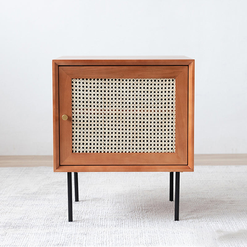 Pine and Rattan Bed Nightstand Contemporary Bedside Cabinet with 1 Door