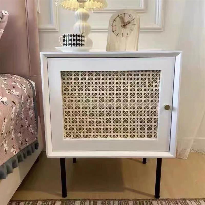 Pine and Rattan Bed Nightstand Contemporary Bedside Cabinet with 1 Door