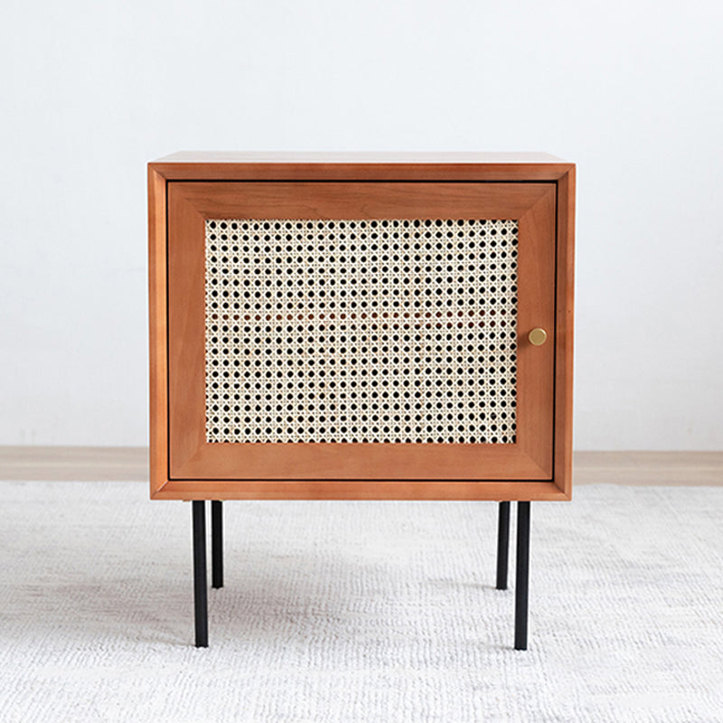 Pine and Rattan Bed Nightstand Contemporary Bedside Cabinet with 1 Door