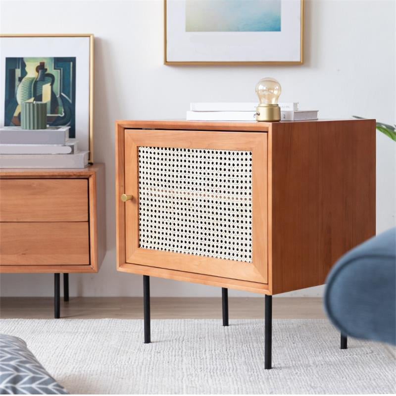 Pine and Rattan Bed Nightstand Contemporary Bedside Cabinet with 1 Door