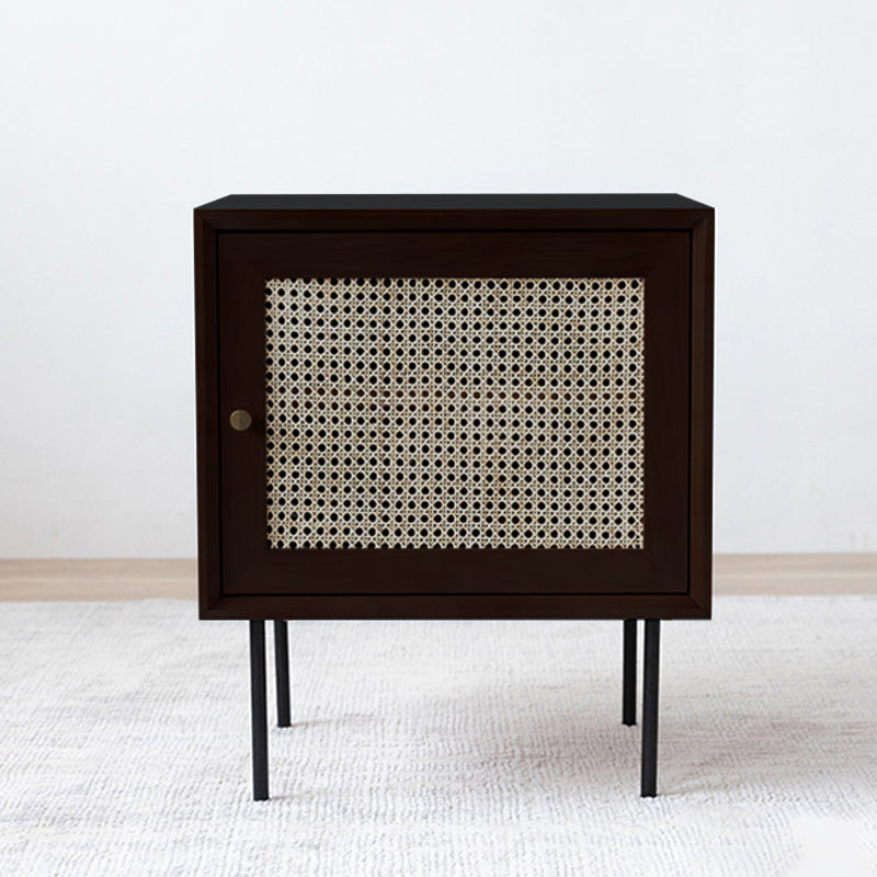 Pine and Rattan Bed Nightstand Contemporary Bedside Cabinet with 1 Door
