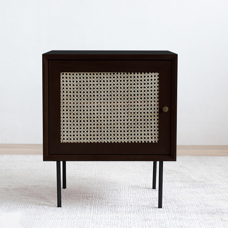Pine and Rattan Bed Nightstand Contemporary Bedside Cabinet with 1 Door