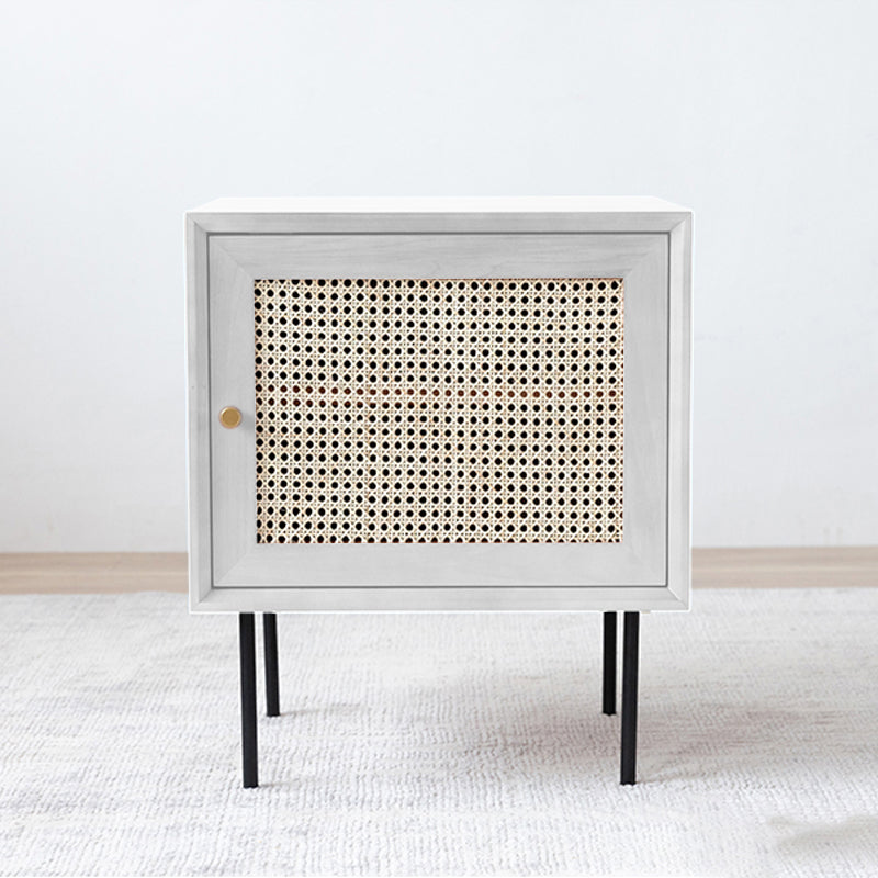 Pine and Rattan Bed Nightstand Contemporary Bedside Cabinet with 1 Door