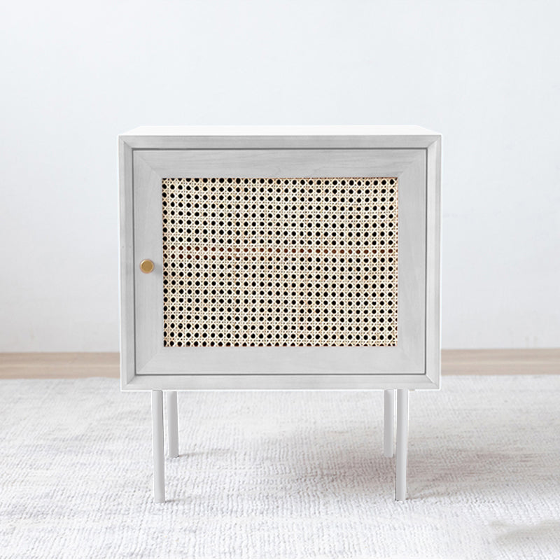 Pine and Rattan Bed Nightstand Contemporary Bedside Cabinet with 1 Door