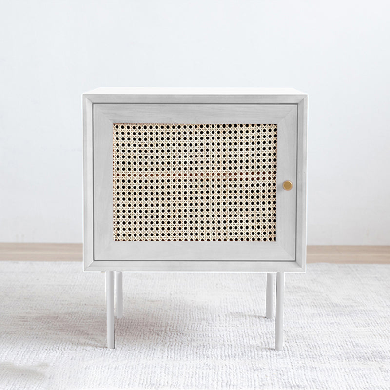 Pine and Rattan Bed Nightstand Contemporary Bedside Cabinet with 1 Door