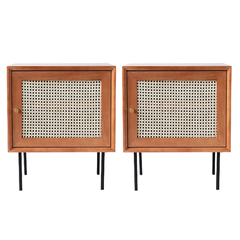 Pine and Rattan Bed Nightstand Contemporary Bedside Cabinet with 1 Door