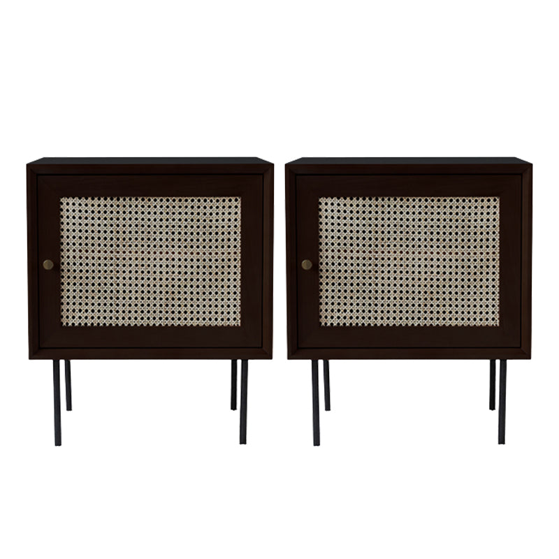 Pine and Rattan Bed Nightstand Contemporary Bedside Cabinet with 1 Door