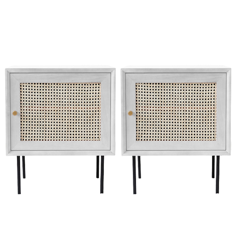 Pine and Rattan Bed Nightstand Contemporary Bedside Cabinet with 1 Door