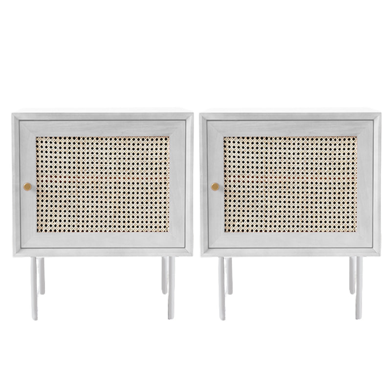 Pine and Rattan Bed Nightstand Contemporary Bedside Cabinet with 1 Door