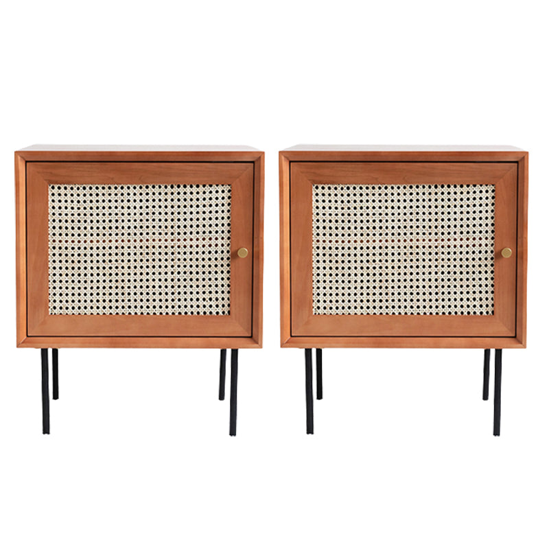 Pine and Rattan Bed Nightstand Contemporary Bedside Cabinet with 1 Door