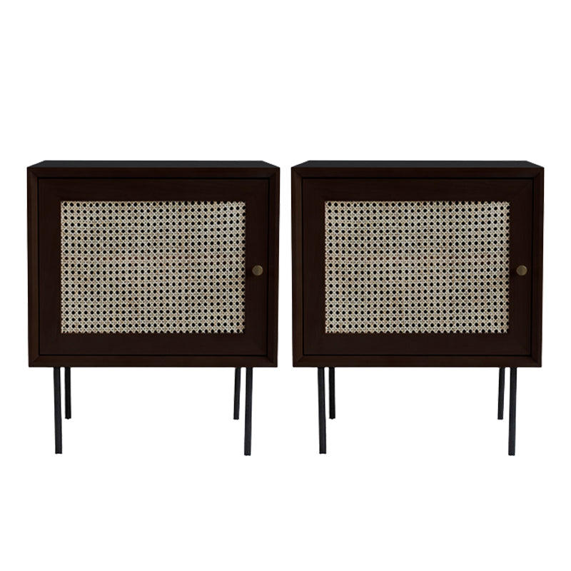 Pine and Rattan Bed Nightstand Contemporary Bedside Cabinet with 1 Door