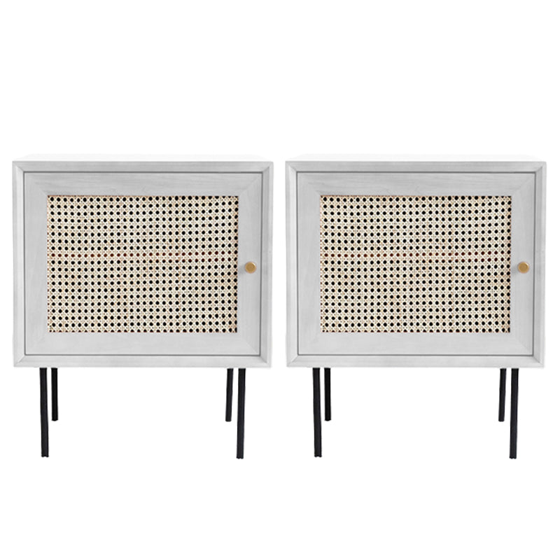 Pine and Rattan Bed Nightstand Contemporary Bedside Cabinet with 1 Door