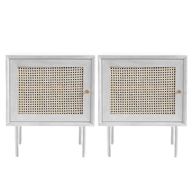 Pine and Rattan Bed Nightstand Contemporary Bedside Cabinet with 1 Door