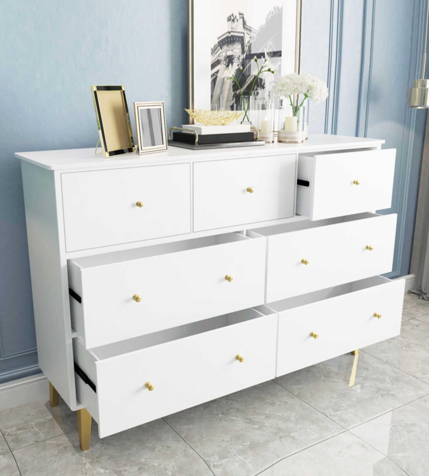 Contemporary Glam Wooden Chest Horizontall Storage Chest Dresser with Metal Legs