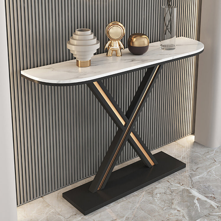 Half Moon Stone Top Accent Table with Black Iron Pedestal Base